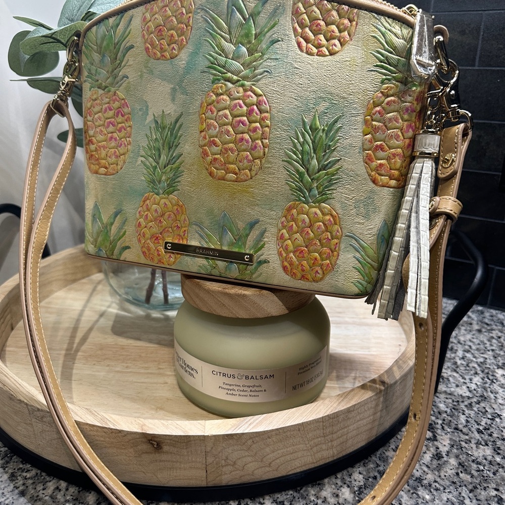 Brahmin Cream and Tan Crossbody Bag with Tropical Flair